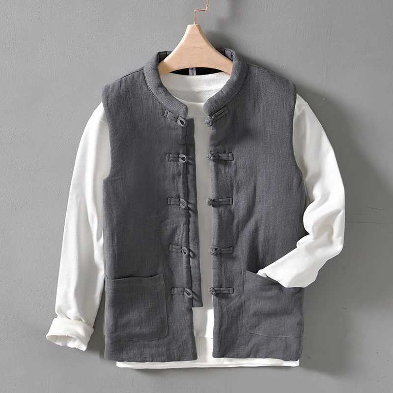 Vintage Chinese Style Round Buckle Waistcoat Men Winter New Solid Color Thick Multi-pocket Waistcoat Casual Cardigan Warm Vest