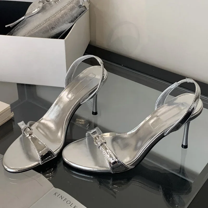 

Aneikeh 2025 Summer New High Heel Metal Buckle Open Toe Sandals for Women Female Side Hollow Thin Heel Shoes
