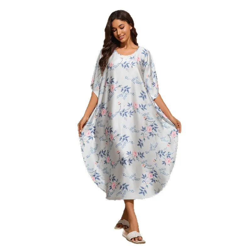 Summer New Women Casual Print Sleep Dress Silky Satin Nightgown Plus Size Dresses Women Chemise De Nuit Short Sleeve Home Dress 3