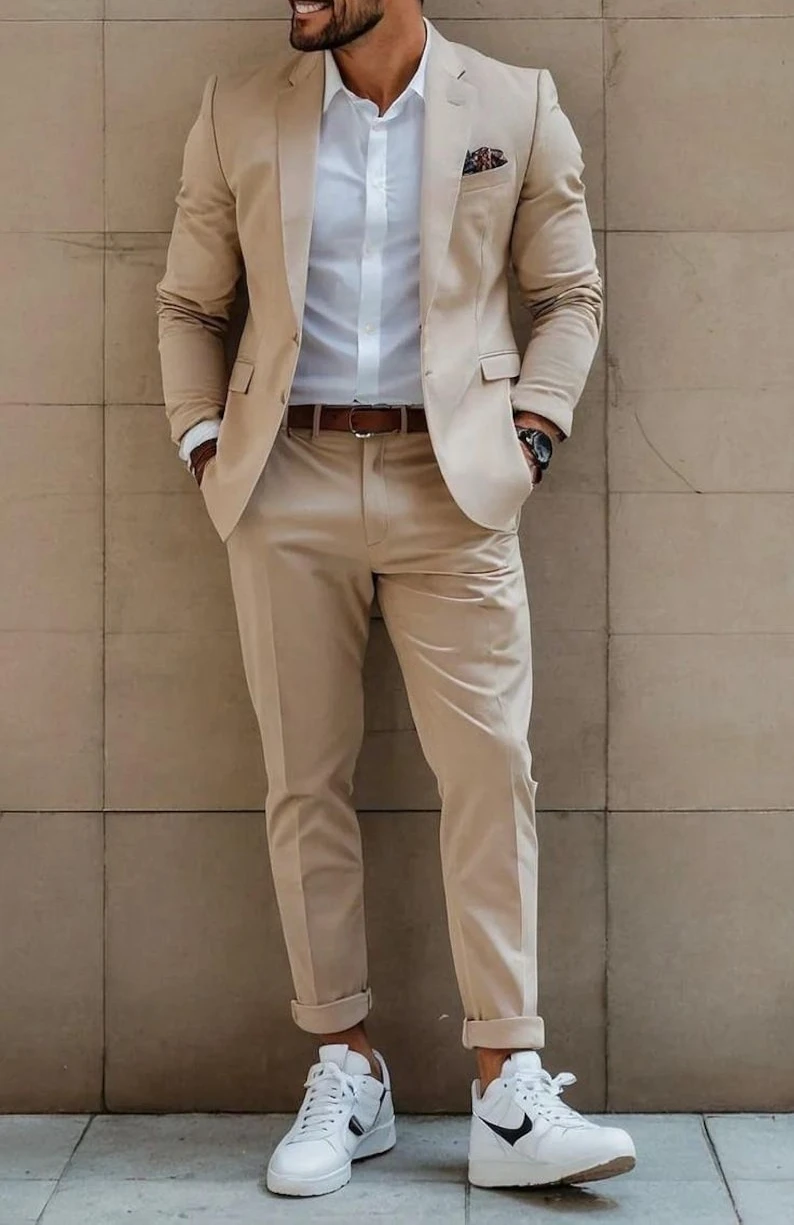 

Мужские костюмы Бежевые костюмы из двух предметов для мужчин Slim Fit Мужские костюмы для свадьбы и жениха и ужина