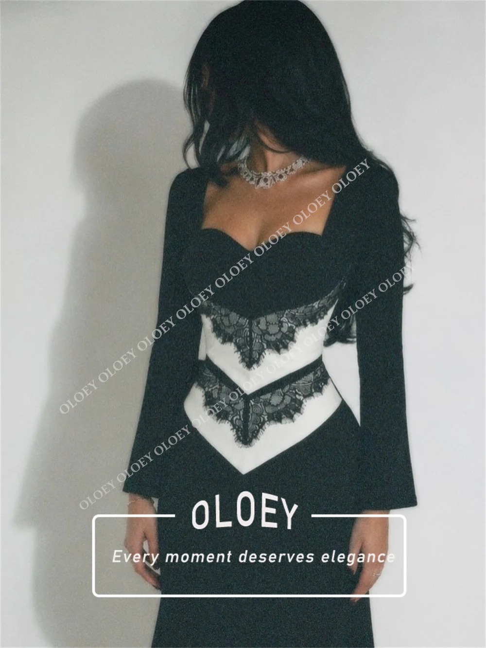 OLOEY Elegant Black White Mermaid Evening Dress Sweetheart Neck Long Sleeve Lace Details Floor Length Party Gown Customized