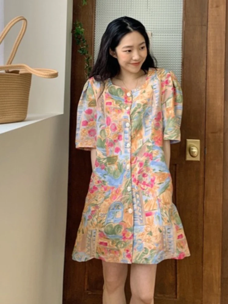 Summer New Sle Retro High Waist Print Dr Women's Faionable A-Line Skirt ort Sve Square Collar Hand-Painted Design