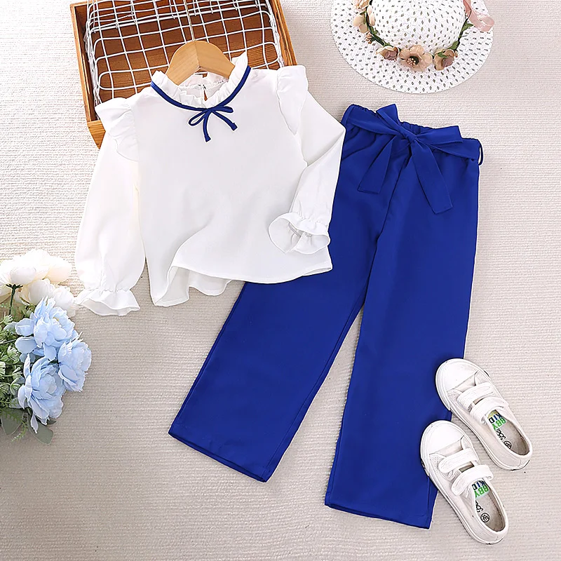 Girls Sets 4-7 Years Girls Blue Pants + White Long Sleeve Top Fahion Style Four Seasons Costume Two-Piece Set