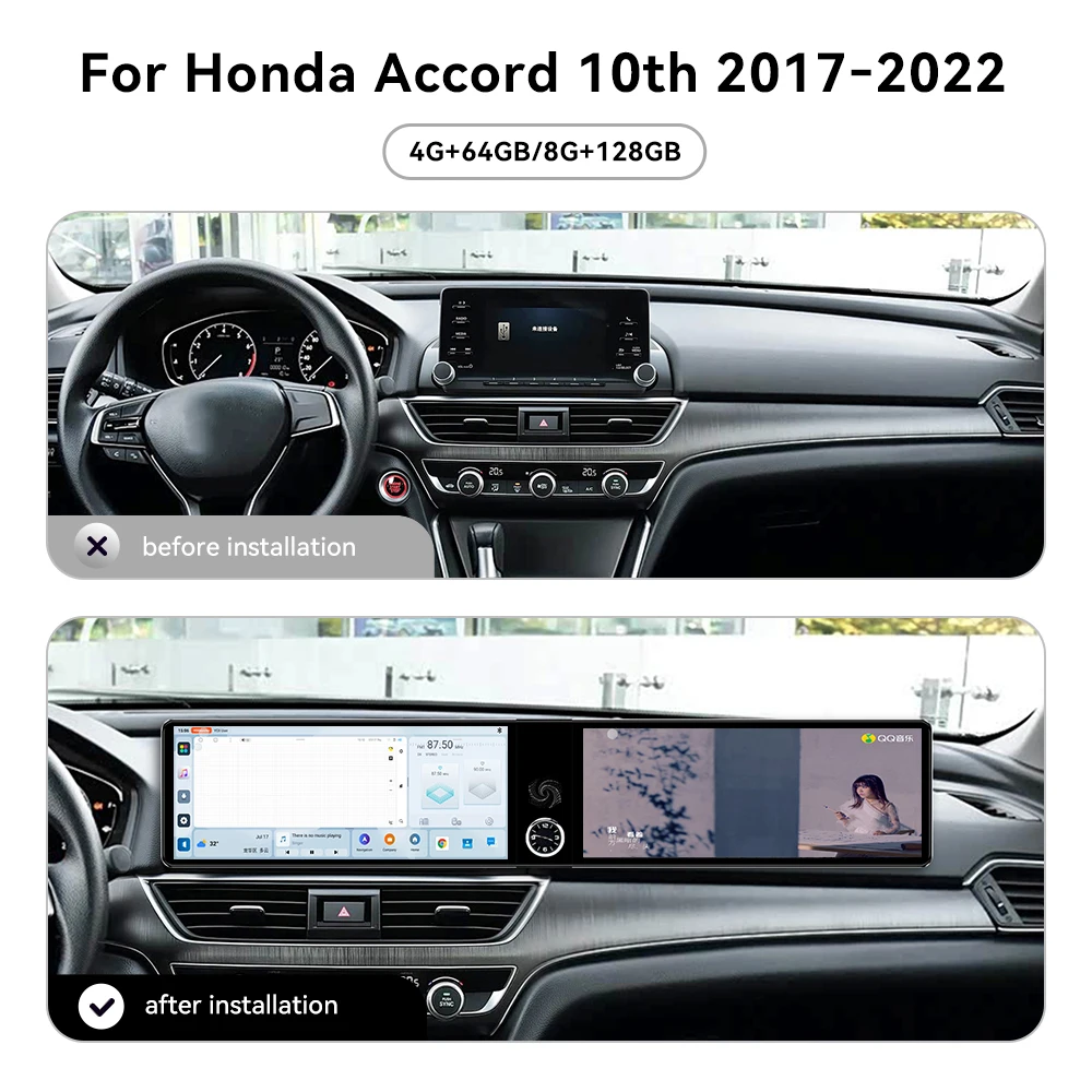 For Honda Accord 10th 2017‑2022 Dual 12.3 Inch Android13 Car Head Unit Stereo Head Unit Car GPS Navigation Wireless CarPlay DSP