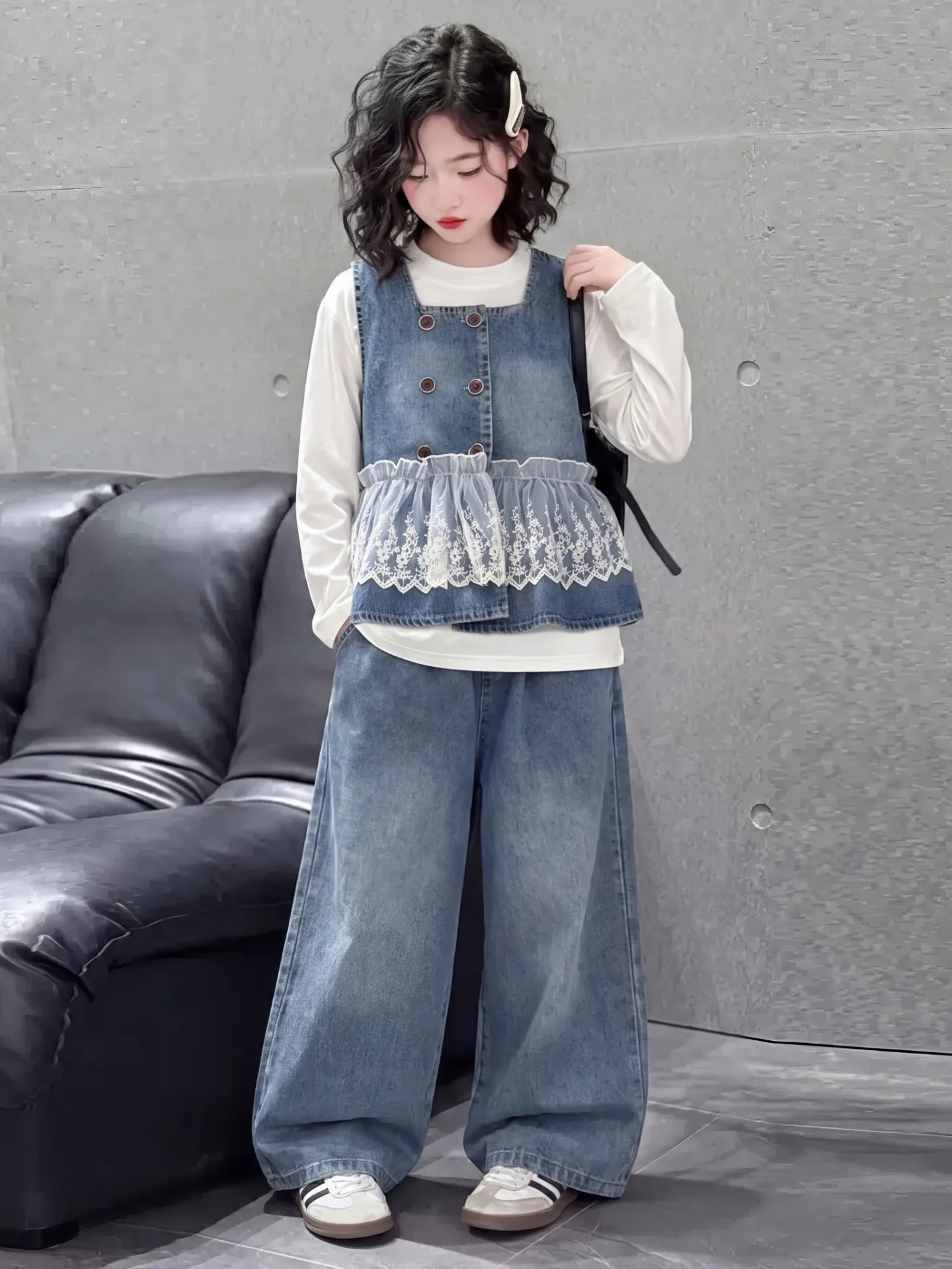 Teen Girls Denim Set Spring Autumn Lace Trim Double-breasted Vest+Pants 2pcs Kids Clothing Suit Chic Children Clothes Tracksuit