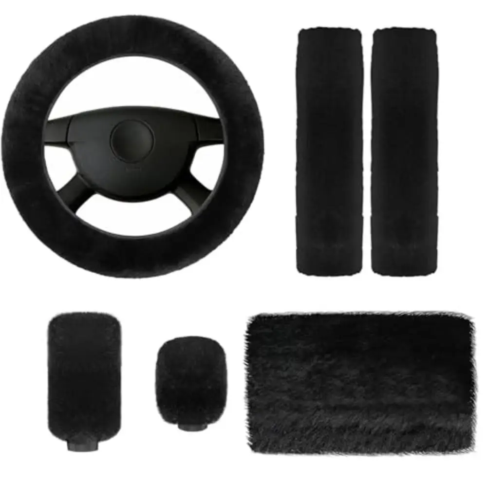 6Pcs/Set Soft Fluffy Plush Car Steering Wheel Cover Seat Belt Shoulder Pads Winter Gear Shift Cover Warm Car Accessory