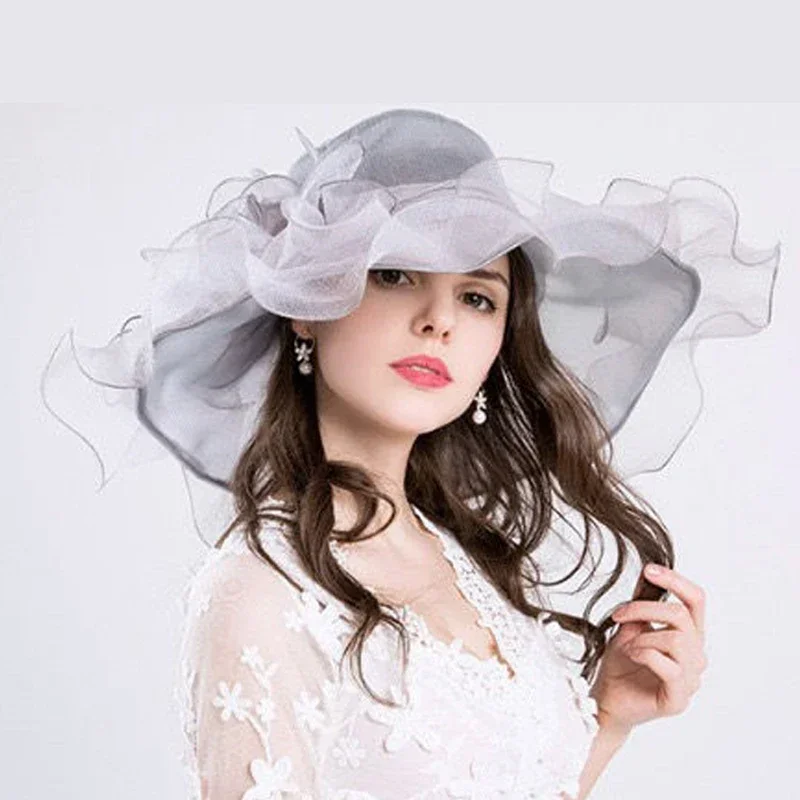 Women's Sheer Organza Wedding Hat with Wide Brim & Veil - Elegant Kentucky Derby Church Hat for Bride, Mother of Groom, Formal P