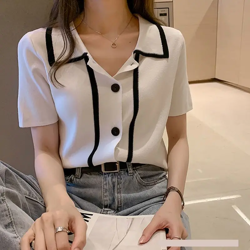 Summer New Fashionable Versatile Polo Collar Short Sleeve T-shirt Korean Style Young Style Simple and Loose Elegant Women\'s Top