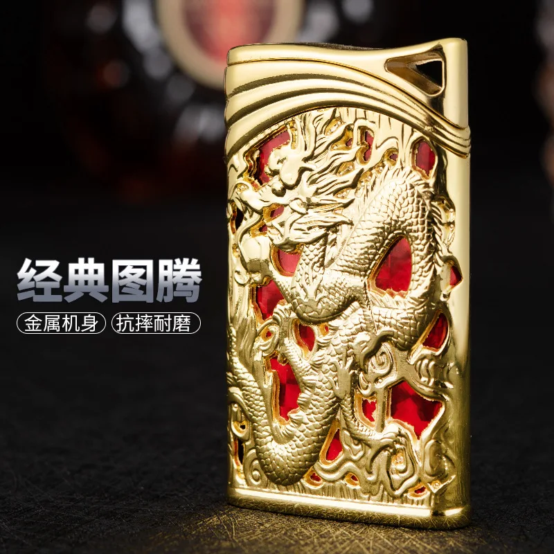 Metal Hollow Dragon Relief Inflatable Lighter, Windproof Straight Blue Flame, Classic Totem Lighter with Chinese Zodiac Elements