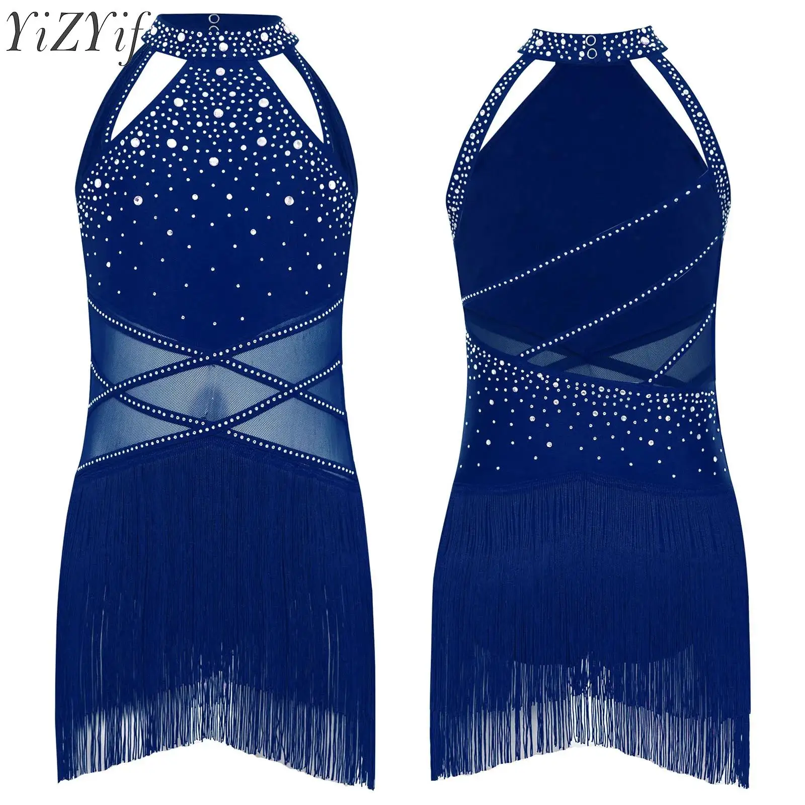 

Kids Girls Latin Jazz Dance Dress Figure Ice Skating Lyrical Performance Costume Rhinestones Sheer Mesh Patchwork Tassel Dress