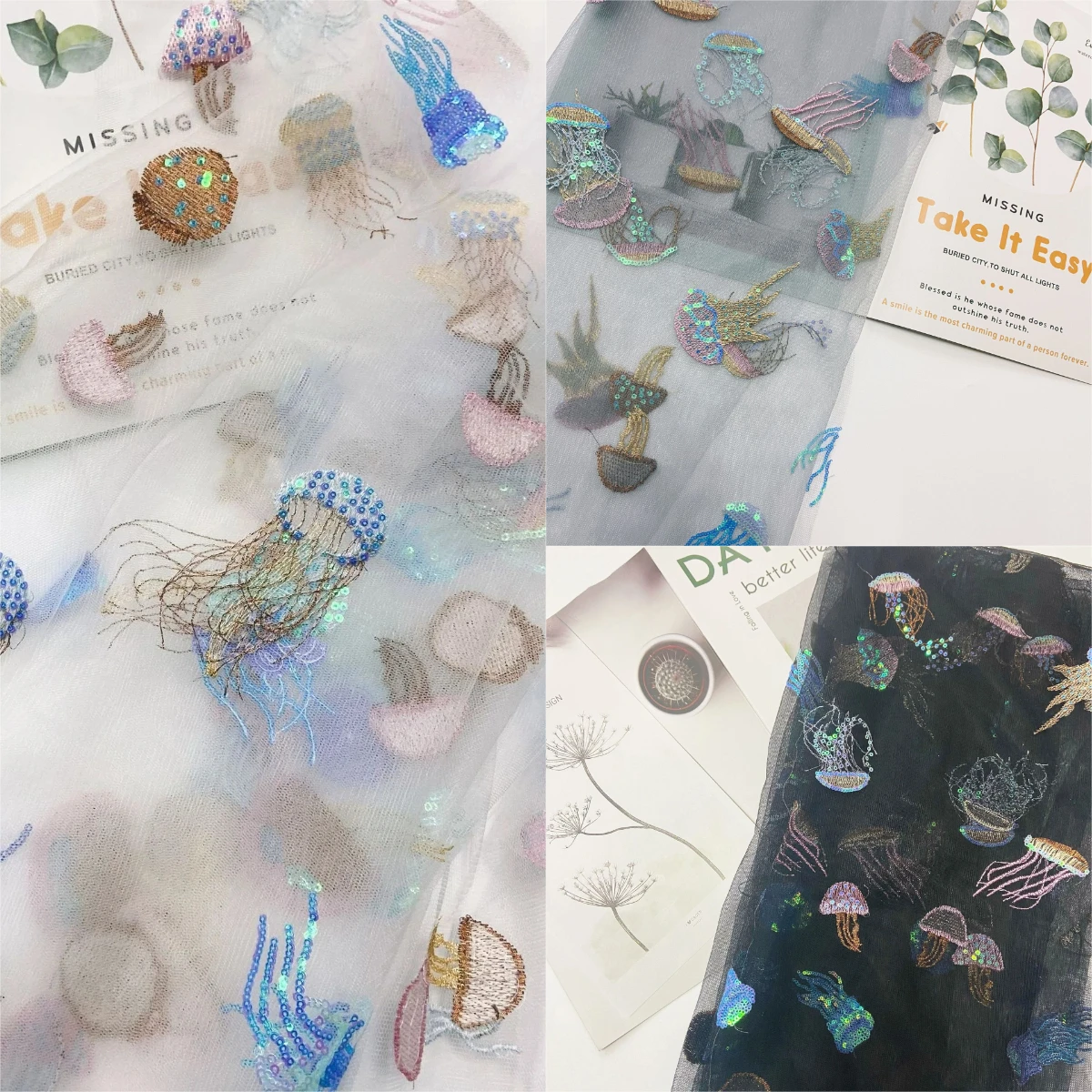 

Colorful jellyfish sequin embroidery soft gauze fabric sewing children's clothing evening dress diy decoration mesh fabric