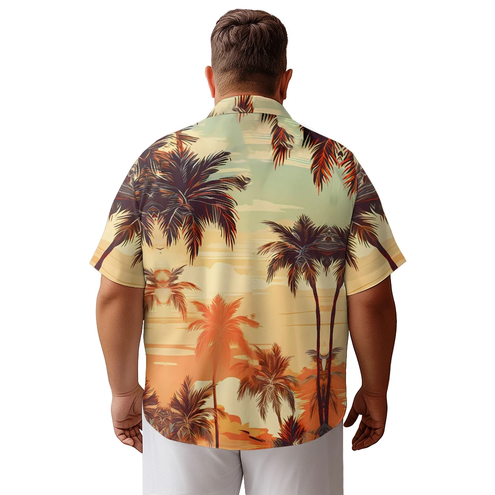 Beach holiday style sunset print casual men's short-sleeved lapel shirt summer thin loose plus size top