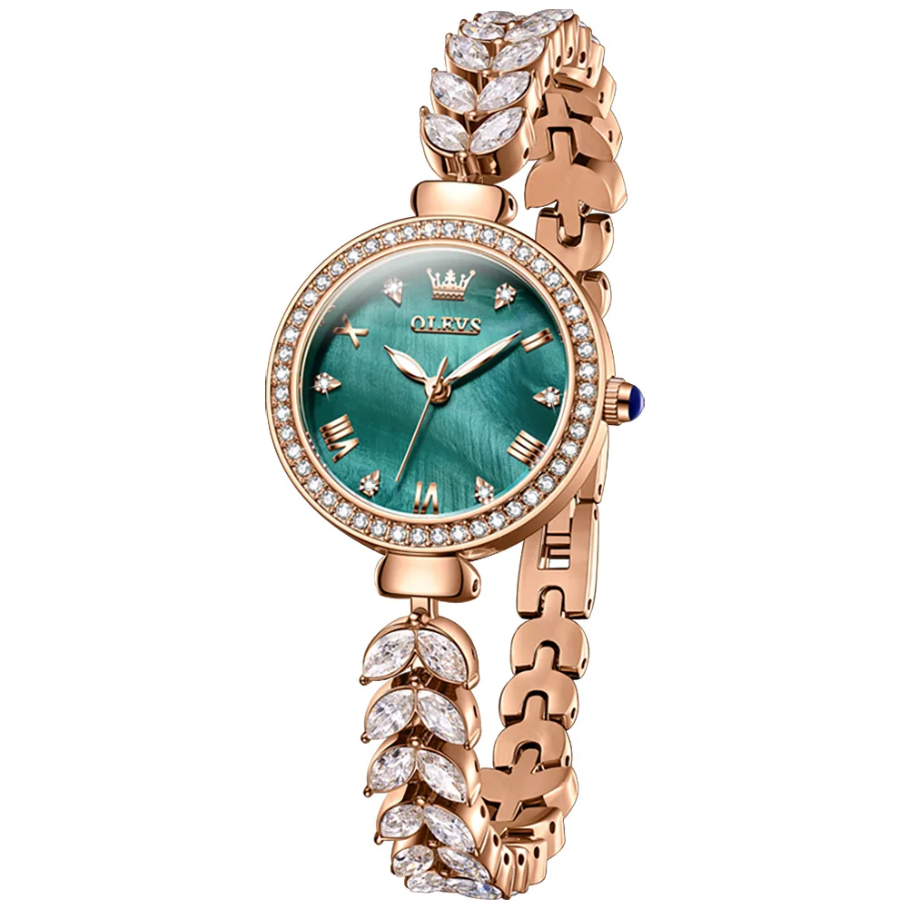 OLEVS Luxury Women Quartz Watch Green Shell Dial Diamond Bezel Rose Gold Crystal Leaf Bracelet Waterproof Ladies Wristwatch