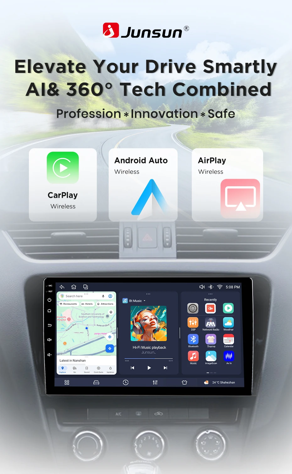 Junsun Kabelloses CarPlay Android Auto Autoradio für SKODA Octavia 3 A7 2013 - 2018 2 DIN Multimedia-Stereoanlage mit Eingebautem Kühlventilator GPS-Navigation SWC Bluetooth FM RDS DSP IPS-Bildschirm Auto-Intelligentes System 4G WiFi – Detail 5