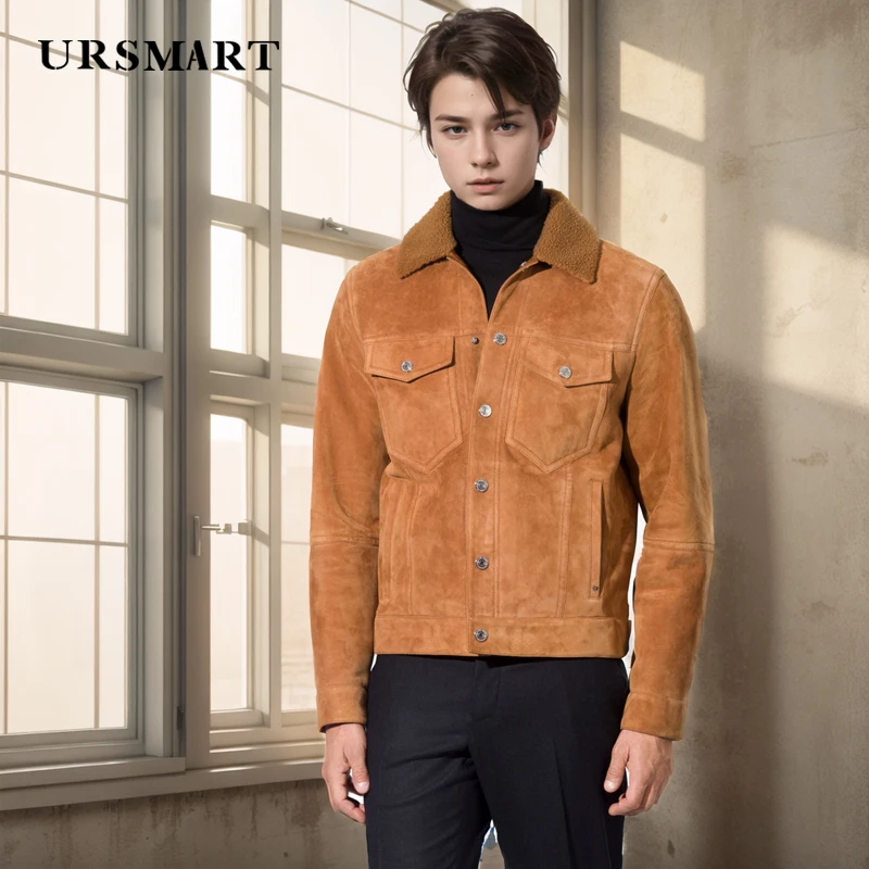 Suede brown men's jacket British trend, spring and autumn new high-quality calf leather customized fashionable short Coat