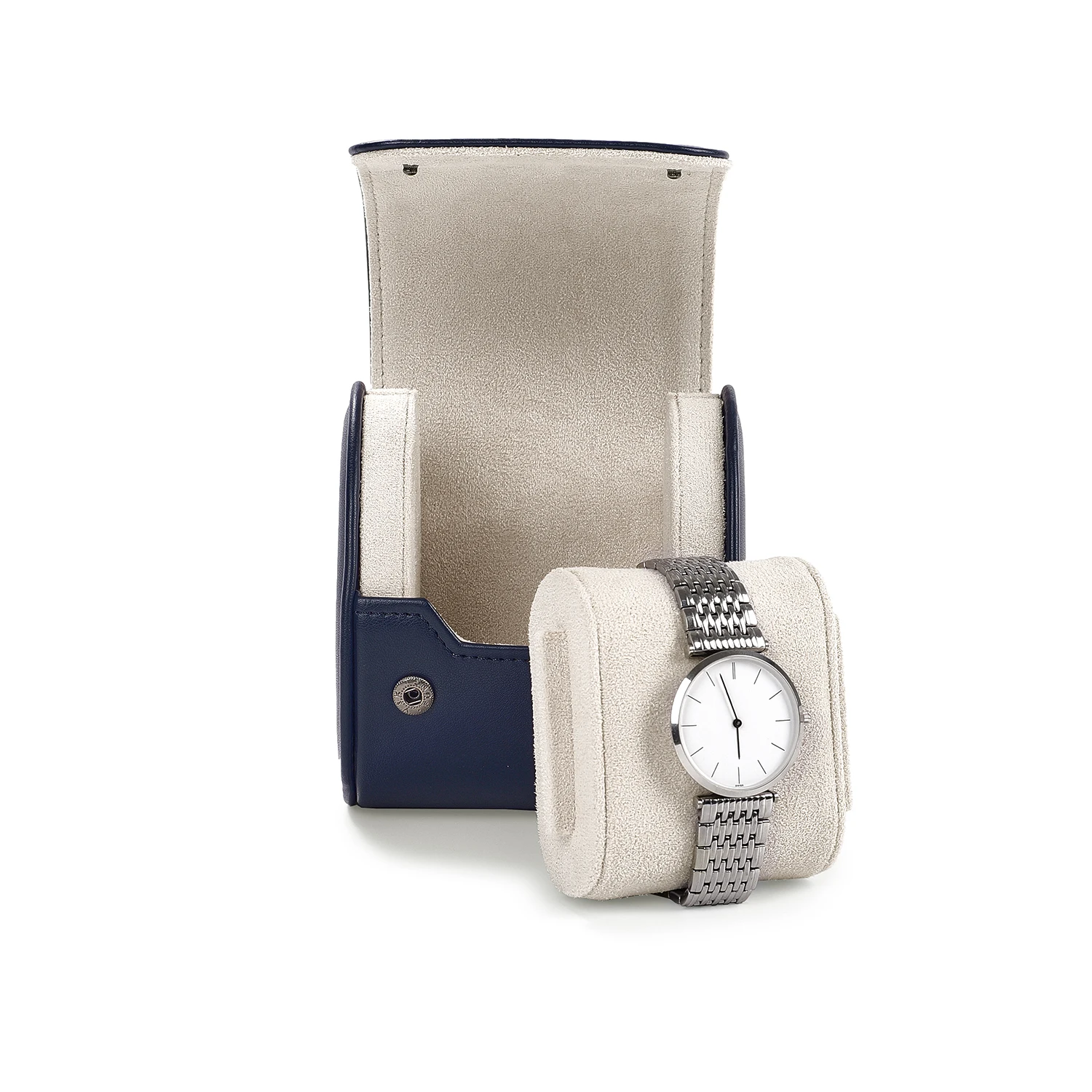 Navy Blue Leather Watch Box with Soft Suede Lining, Portable Watch Storage Box for 2 Watches