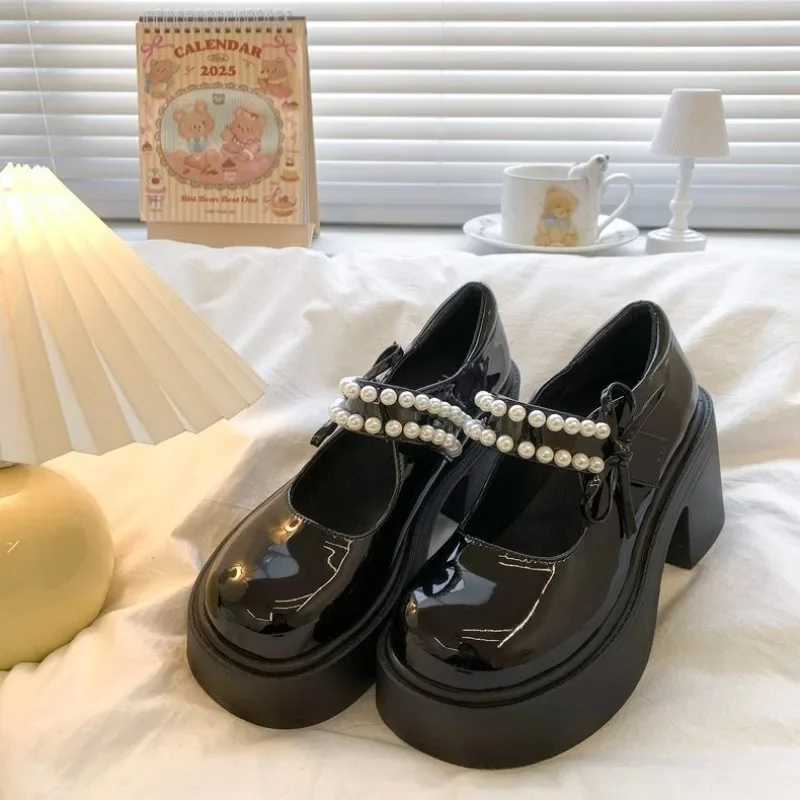 

Новое поступление весны 2024, женские туфли Мэри Джейн во французском стиле ретро, туфли на плоской подошве с круглым носком и жемчугом