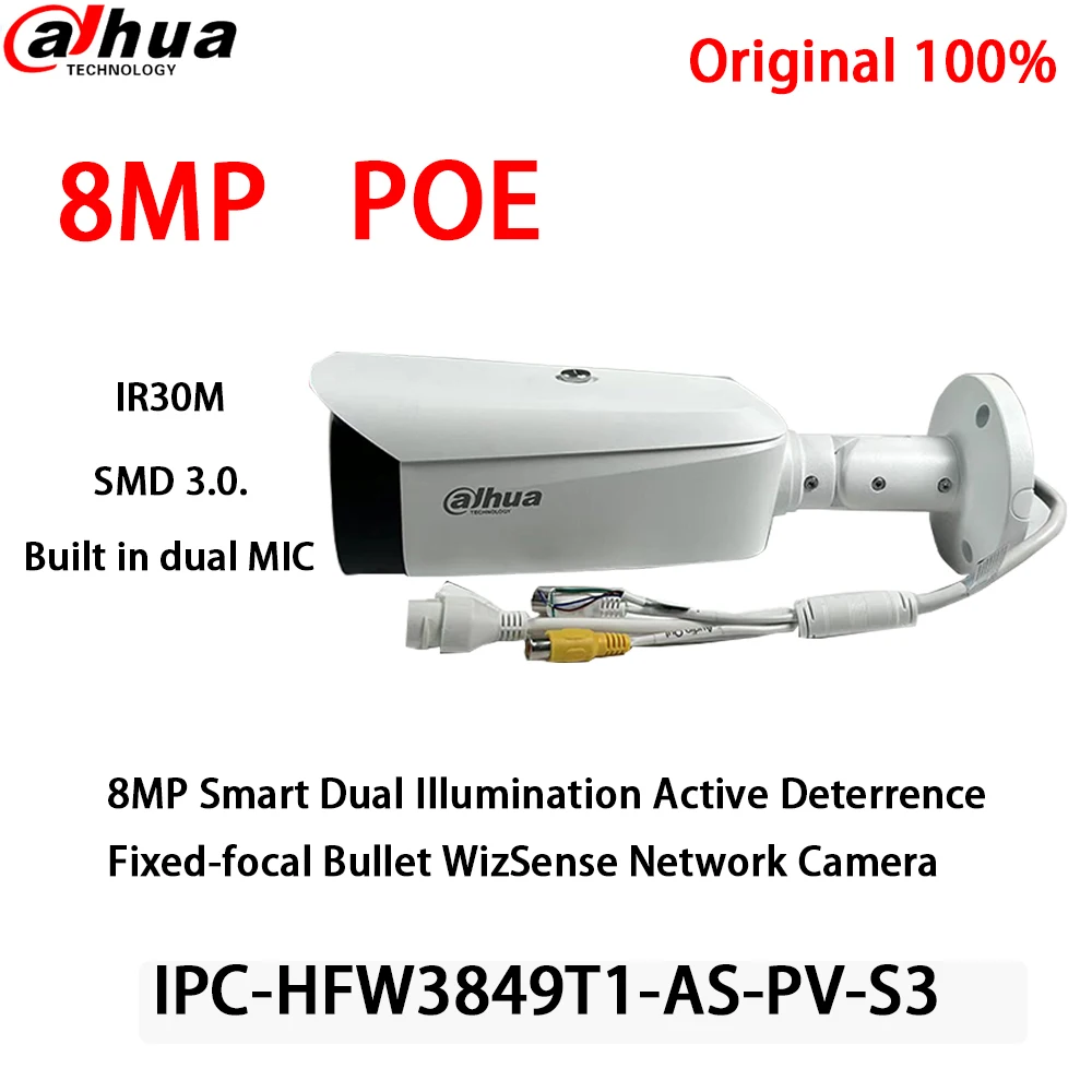 Dahua 8MP 4K IP Camera POE IPC-HFW3849T1-AS-PV-S5 IR30M Built In-mic Smart Dual Illumination Active Deterrent IP67 Bullet Camera