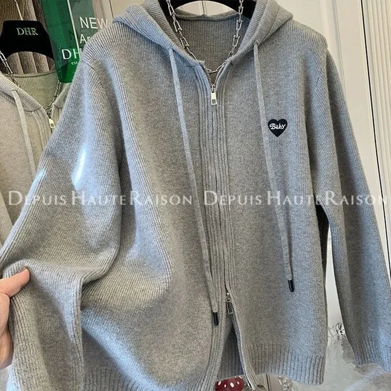 

Женская одежда, свитер с капюшоном и длинными рукавами на молнии с вышивкой Love, куртка для женщин, осень-зима, свободное вязаное пальто в ленивом стиле