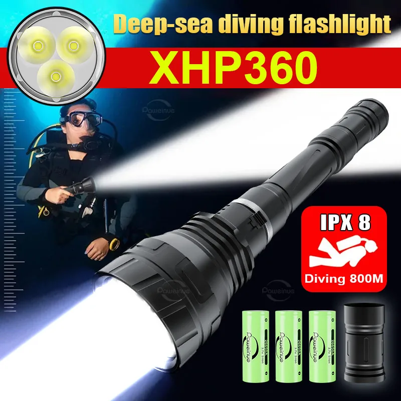 Super Powerful Diving Flashlight XHP360 Professional Scuba Diving Torch IPX8 Waterproof LED Flashlight Underwater Light Lantern