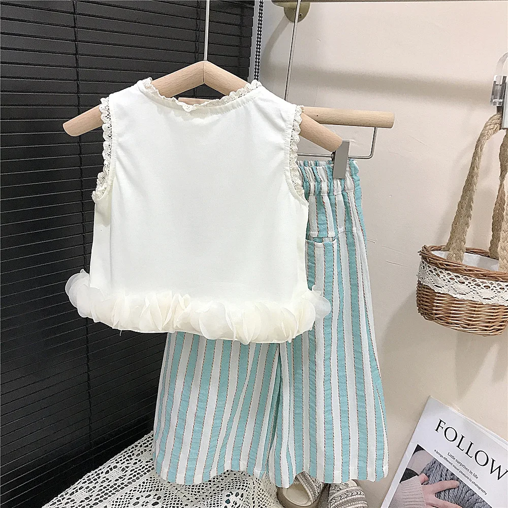 2pcs Girls Pants Sets Lace O-neck Sleeveless Ruched Hem Tops Shirt+Elastic Waist Contrast Striped Wide Leg Pants 2pcs Kids Suit