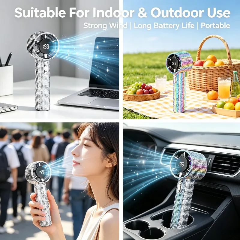 Rhinestone Handheld Fan 199 Speeds Turbo Wind,Digital Display Type-C Rechargeable Quiet Portable Cooling Fan for Outdoor Travel image 6