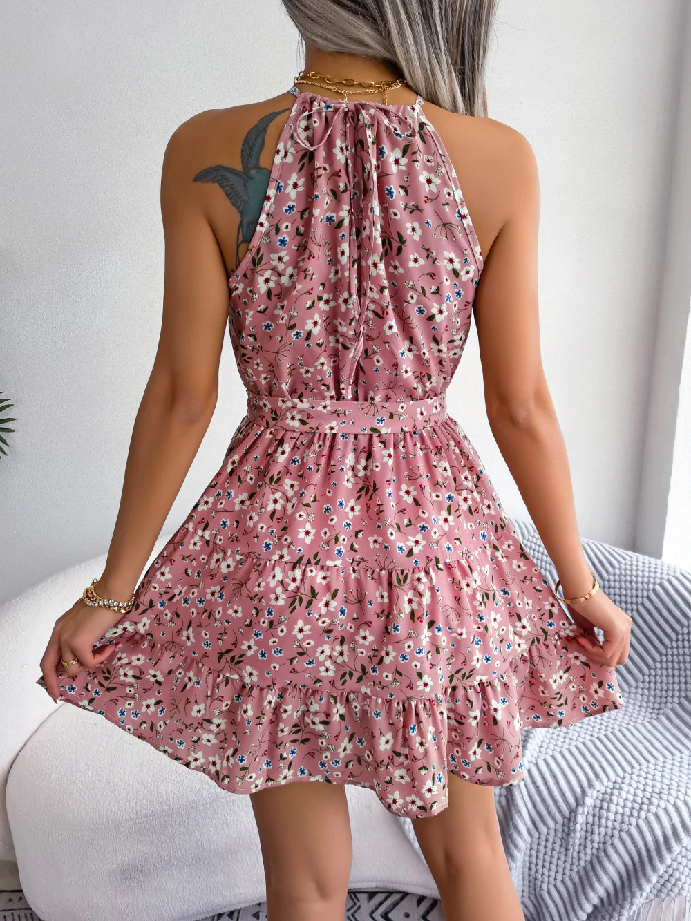 Minivestido corto informal sin mangas con cuello redondo para mujer, vestido veraniego Sexy con estampado Floral y volantes, 2023