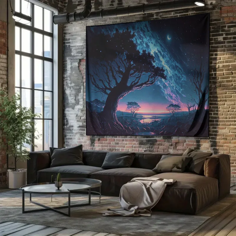 نسيج حائط مذهل مع شجرة كونية وديكور منزلي ليلي مرصع بالنجوم لغرفة المعيشة أو غرفة النوم مقاس كبير جدًا (80 × 60 بوصة) #5