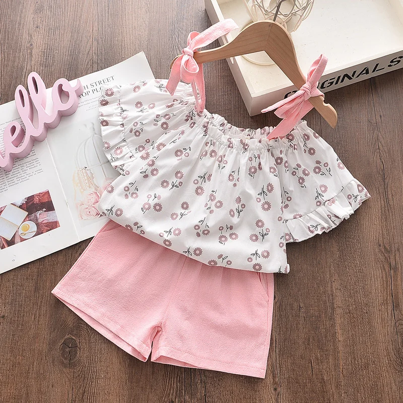 Girls Suspenders Clothing Sets Kids Sweet Flower Suits Summer Fashion Strapless Tops+Shorts 2Pcs Outfits Children Clothes 2-6Y