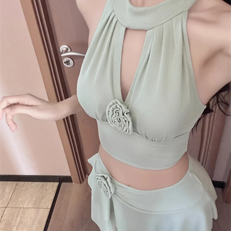 2025 Costume da bagno estivo Tankini per donna Sexy scollo all'americana Backless Fiore Gonna a pieghe Costumi da bagno Vacanza al mare Costume Ragazza Regali