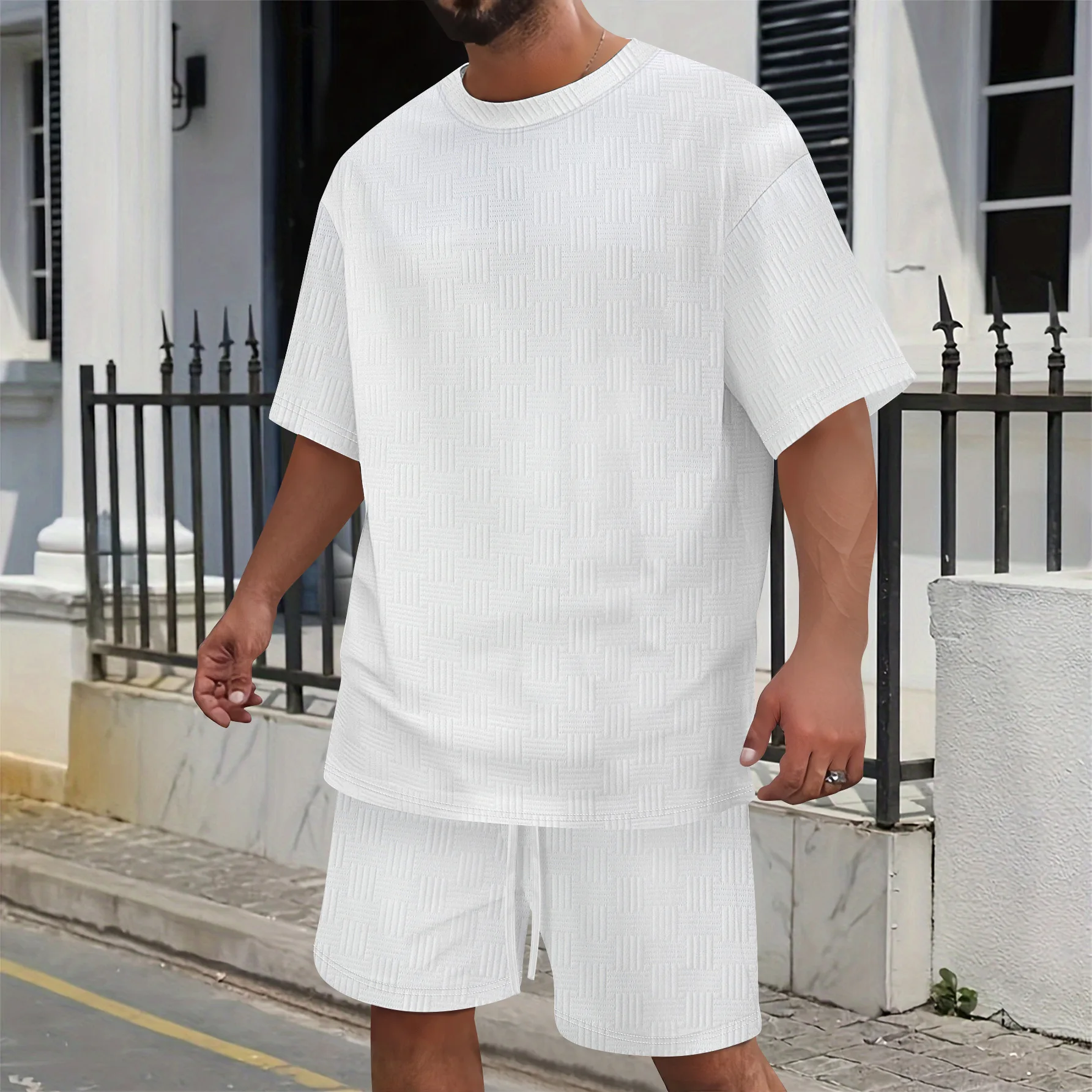 

New Men's Waffle Textured 2 Piece Tracksuit Oversized Short Sleeve Tee & Shorts Set Comfy Casual Streetwear Loungewear for Men