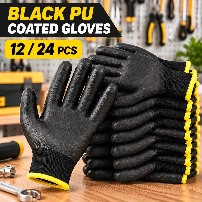 12/24PCS Black PU Coated Gloves Work Safety Gloves Anti Slip Gardening Construction Repair Car Maintenance Assembly Tasks Garage