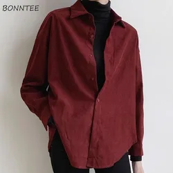 Corduroy Shirts Women Long Sleeve Burgundy Autumn Winter Vintage Basic Tops All-match Female Graceful Charming Chic Mature Mujer