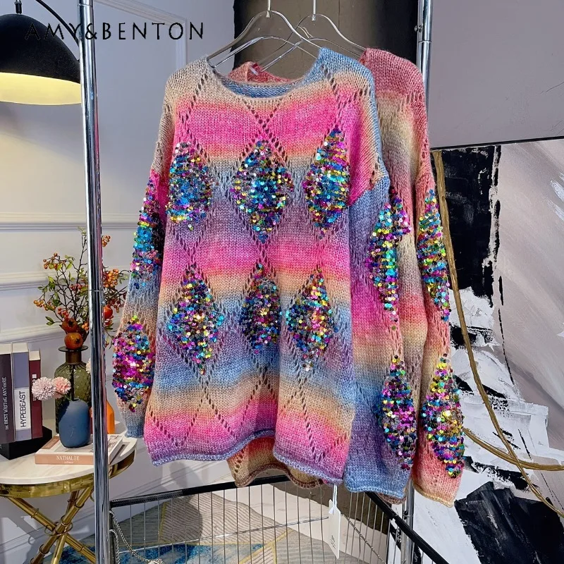 

Seven-Color Sequins Heavy Industry Rainbow Sweater Women's O-neck Loose Mid-Length Fashionable Knitwear Oversize Sueters Mujer