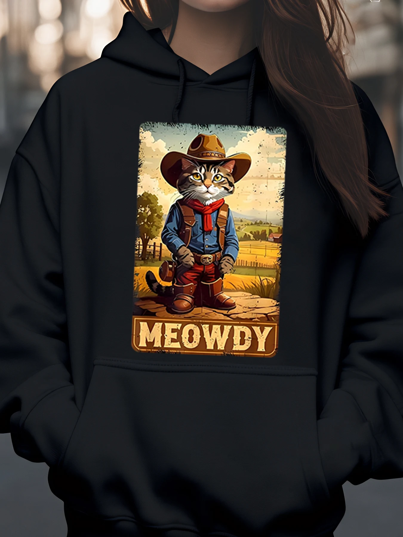 

Толстовка с принтом ковбойского кота Мяуди, повседневная одежда на западной тематике для взрослых унисекс
