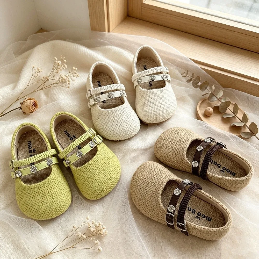 Girls Mary Jane Flats Toddler Little Kids Woven Rhinestone Buckle Strap Soft Non‑Slip Sole Casual Princess Daily Dress Footwear