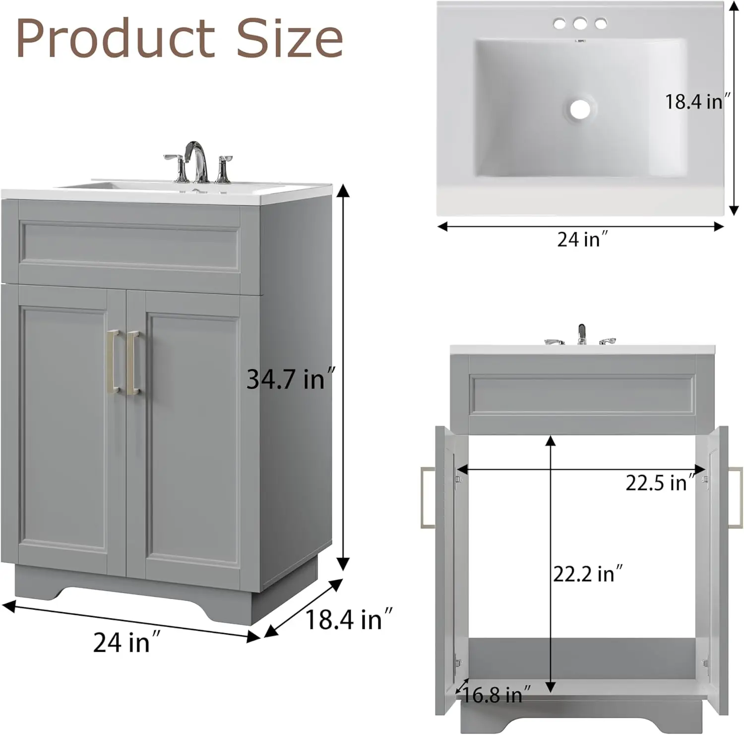 HOVanity-Ensemble de miroir d'évier Chlor24 ", armoire de rangement, récipient en céramique durable, surface lisse Chromme, imagerie haute définition