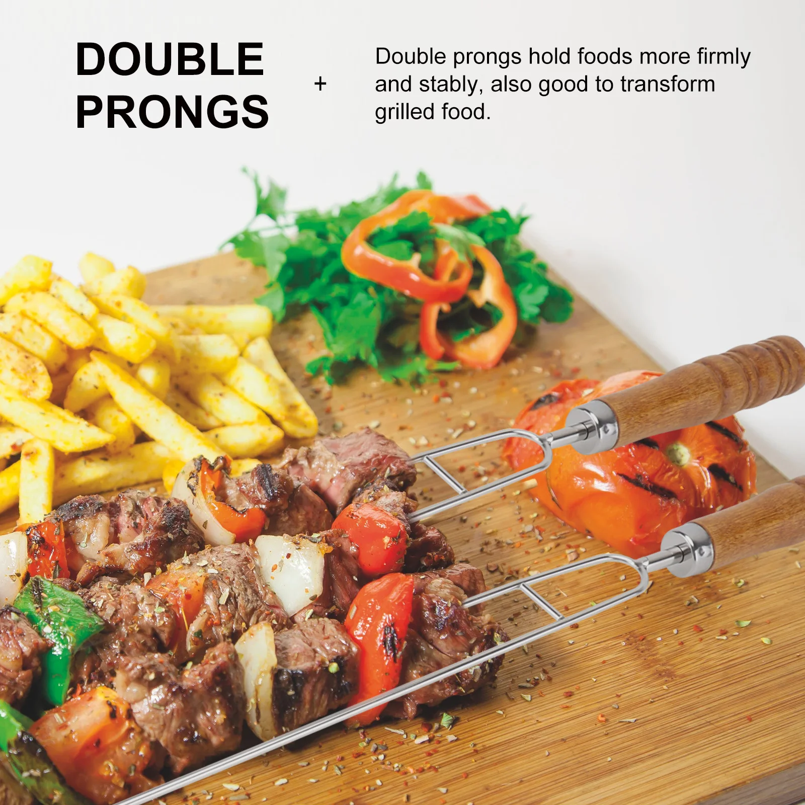 

6Pcs Stainless Steel Barbecue Skewers Double Prong Grill Forks Outdoor Bbq Tools Wooden Handle Roasting Sticks Dishwasher Safe