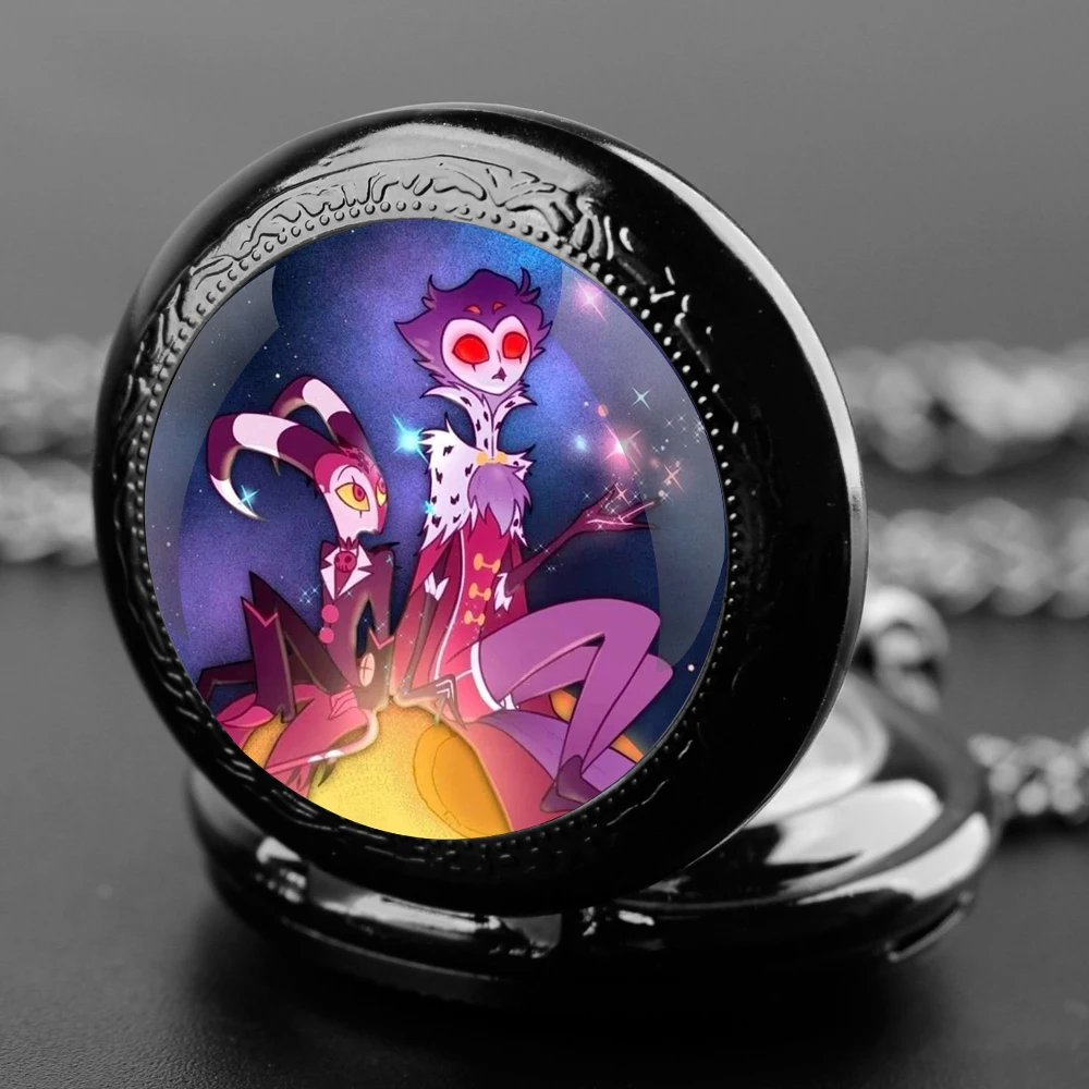 Hot Cartoon Helluva Boss Glass Dome Pocket Watch with Chain Necklace Vintage Quartz Pendant Watches Mens Women Gifts for Kids