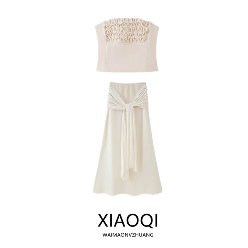 2025年夏 ミッドウエスト ホルターネック 花柄装飾 レディースファッションセット トップス ハーフスカート エレガントデザイン 若者向け