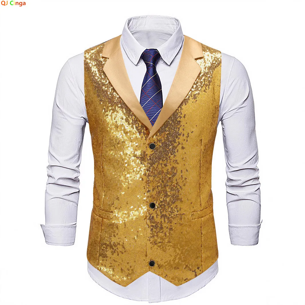 

Gold Men's Sleeveless Vest Jacket with Circular Sequin Embellishments; Ideal for Weddings, Parties, and Stage Performances.