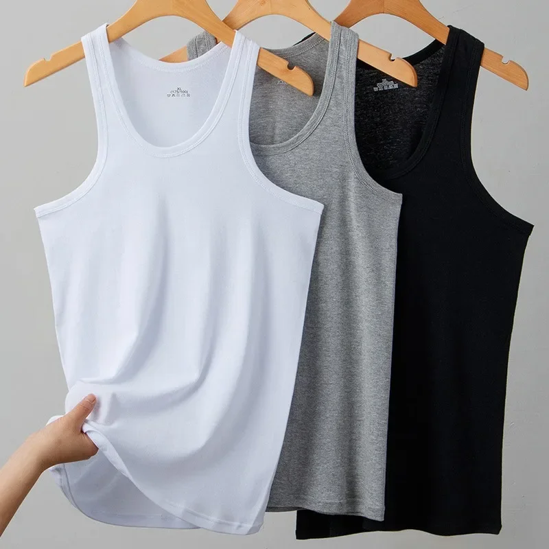 Pure Cotton Men's Vest Summer Crossbody Tank Top Loose-Fit Sports Full Cotton Sweat Absorbent Breathable Base Shirt Without Slee