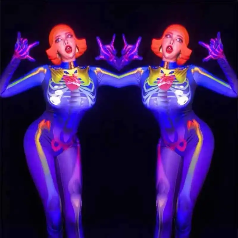 ชุดวันพีซพิมพ์ลายหลากสีเรืองแสงสุดเซ็กซี่สำหรับใส่ในไนท์คลับ บาร์ เต้นรำ  ชุดแสดง T Par GOGO  ชุดฮาโลวีน