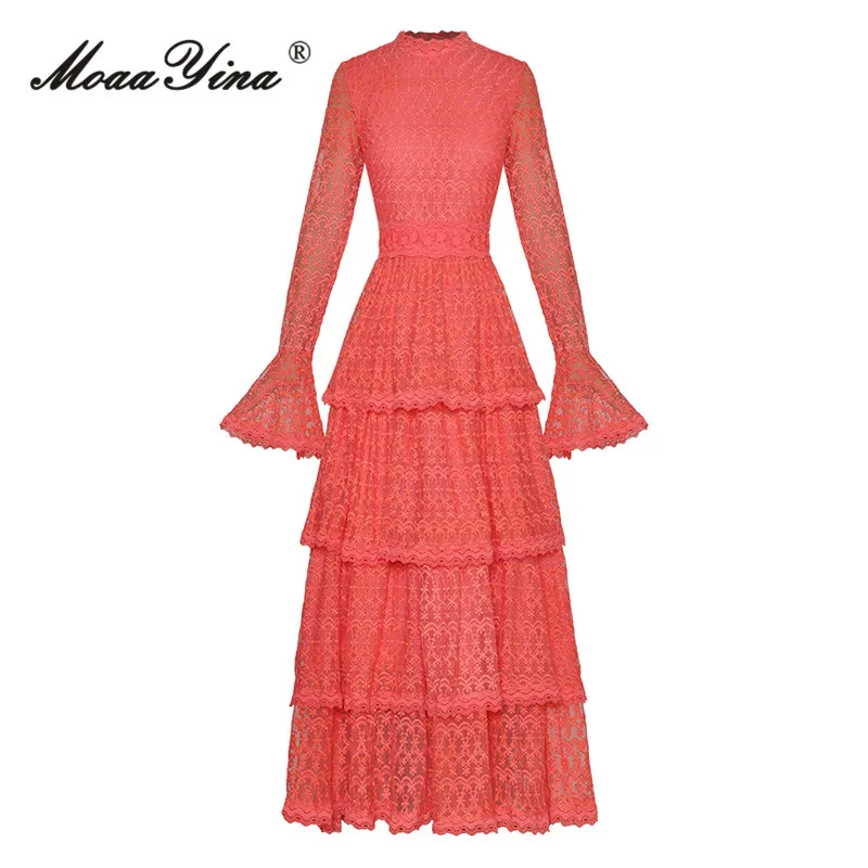 MoaaYina Fashion Designer dress Summer Women Dress Solid Color High Waist Net Yarn Embroidery Cascading Flounces Long Dresses