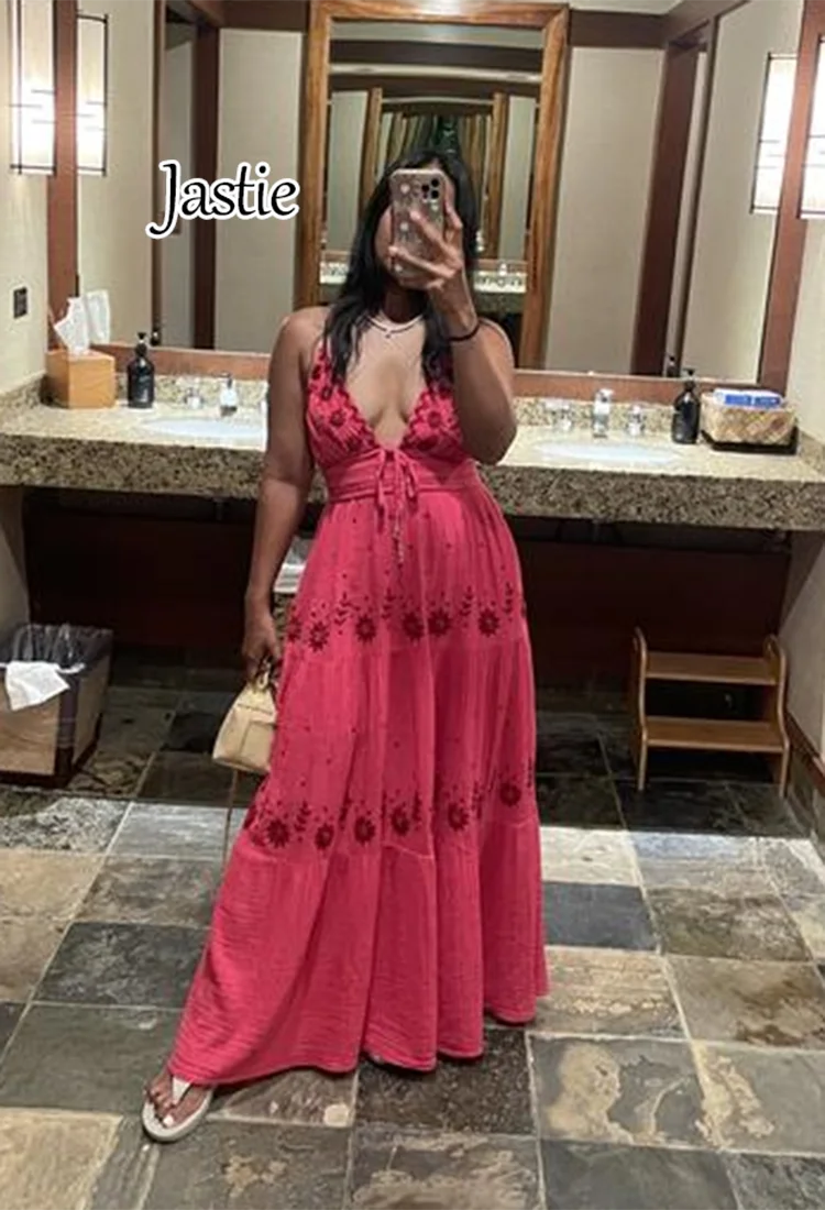 Jastie Gebloemd Geborduurde Maxi Jurk Sexy V-Hals Mouwloze Zomer Jurken Smocking Taille Casual Strand Boho Vakantie Jurk