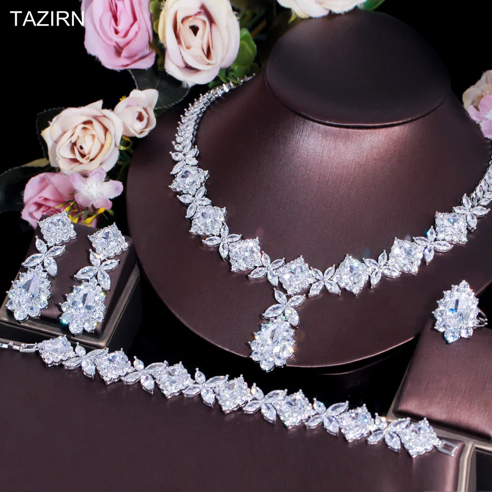 TAZIRN 2PCS/4PCS Cubic Zirconia Wedding Bride Floral Jewelry Set for Women CZ Necklace Earrings Dubai Nigeria Crystal Choker Set