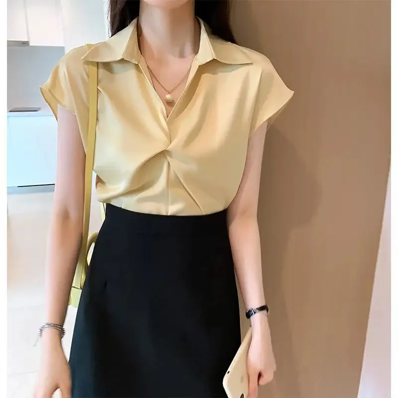 Women's Satin Blouse 2024 Summer New V-neck Short-sleeved Solid Color Blouse Fashion Design Niche top Elegant Ladies Short Shirt