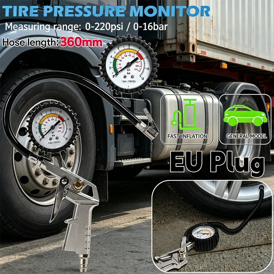 

Car Tire Pressure Gauge Air Pressure Inflator Gauge Meter Tyre Pressure Monitoring System EU Plug 0-220 PSI Tester Tool