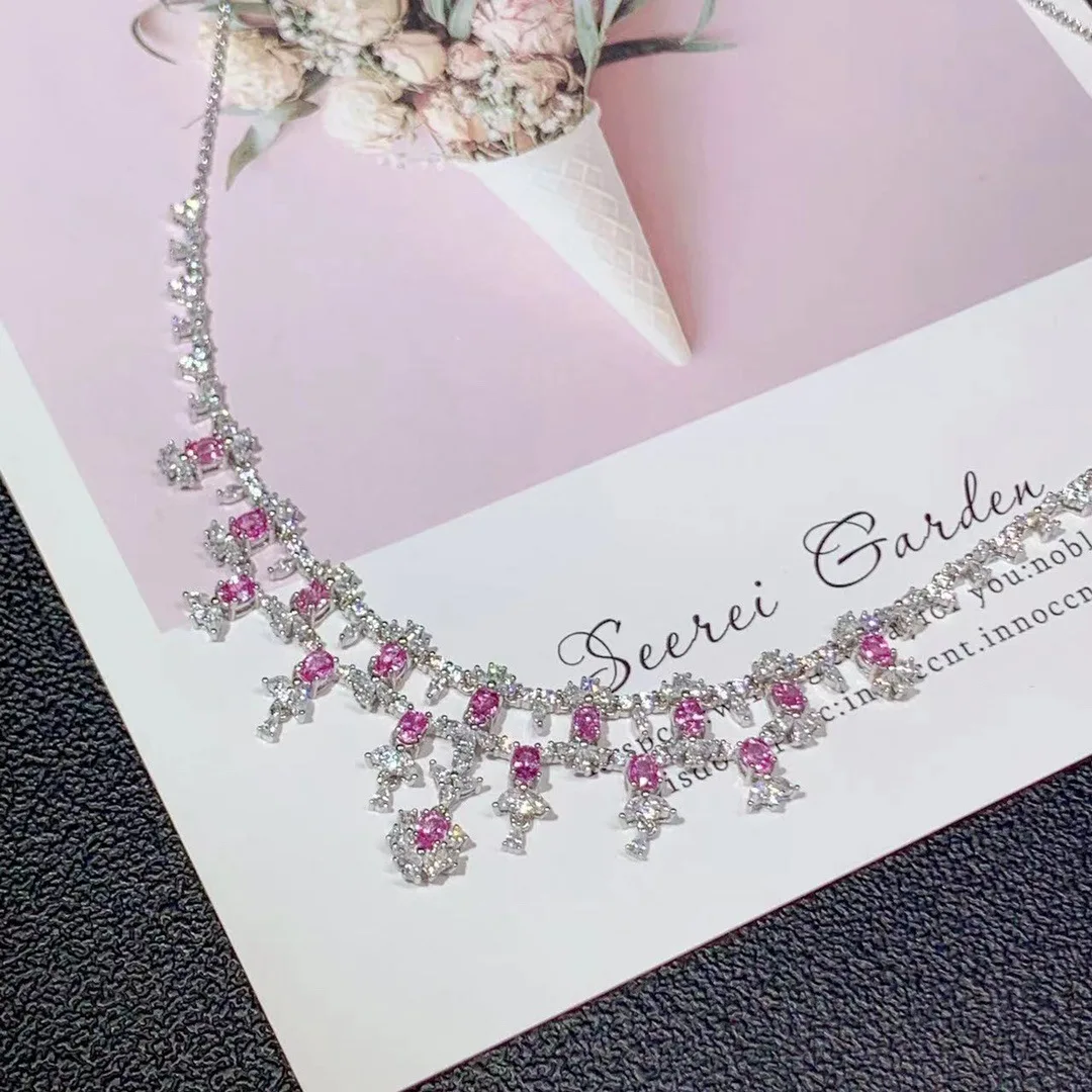 

S925 Silver Pink Sapphire Multi-Layer Necklace, 3x4mm Elegant Luxury Jewelry