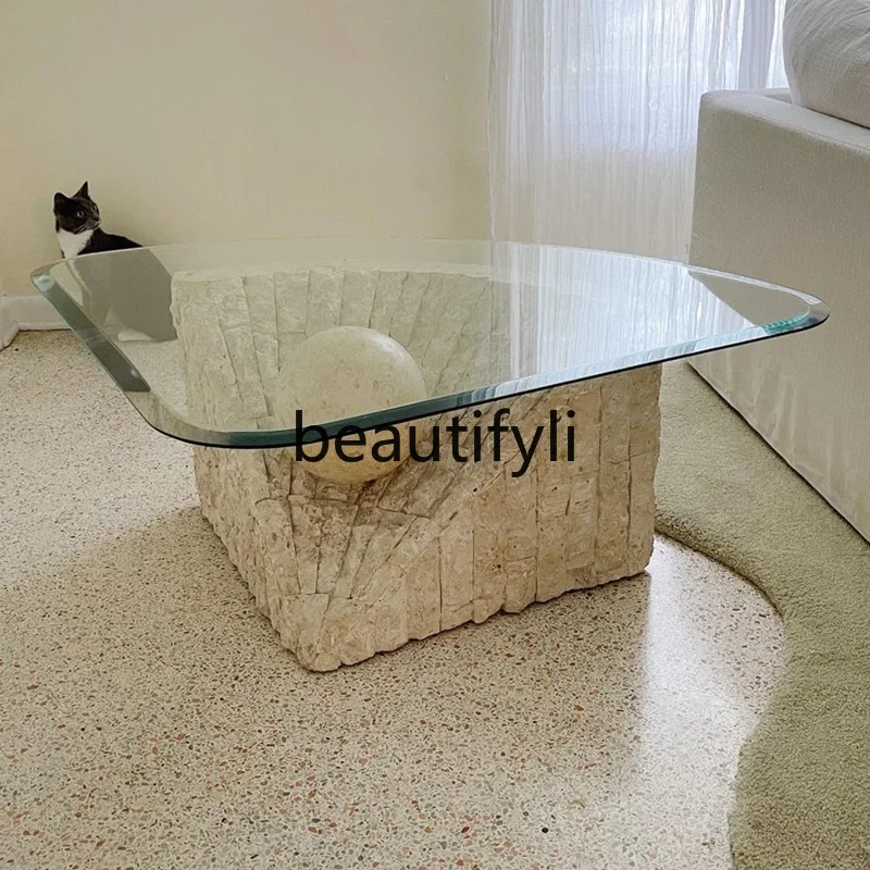 

A15 Nordic wabi-sandy wind natural travertine coffee table living room designer small apartment broken creative tea table